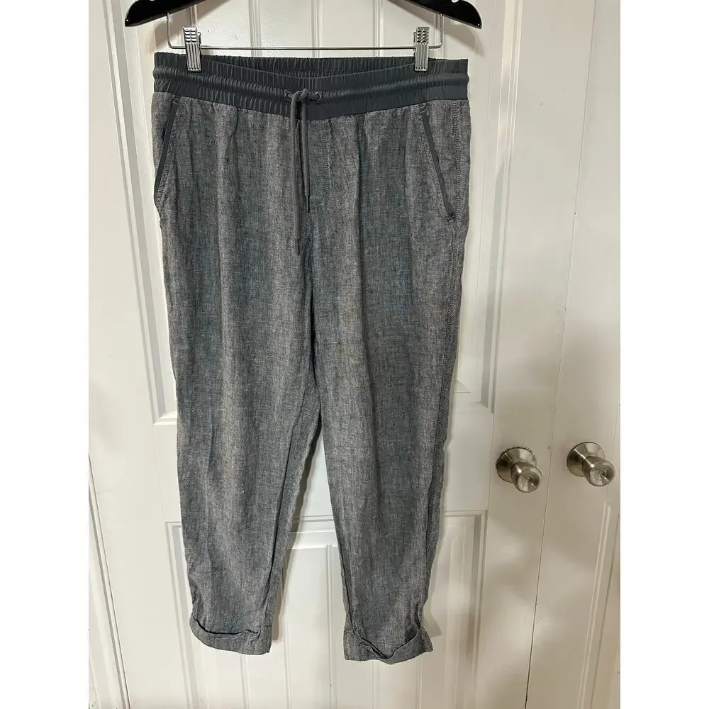 Athleta Linen Pants Drawstring Waist Gray Women 10 Lounge Athleisure Light Comfy